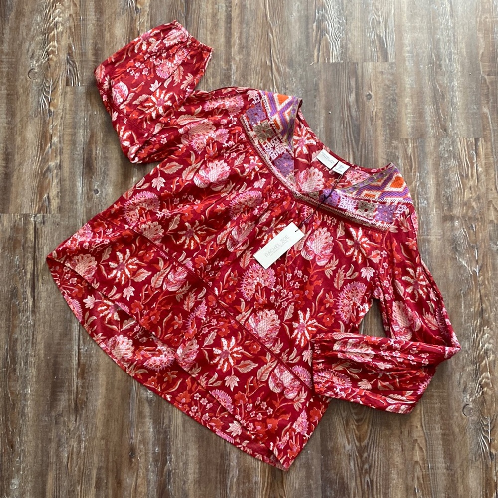 NWT Rachel Zoe Red Peasant Paisley Long Sleeve Embroidered Blouse